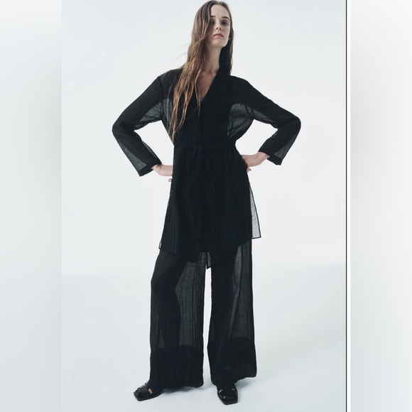 Zara Black Semi-sheer Minimalist Belted Blouse Relaxed long sleeves belt NWT - Picture 14 of 16